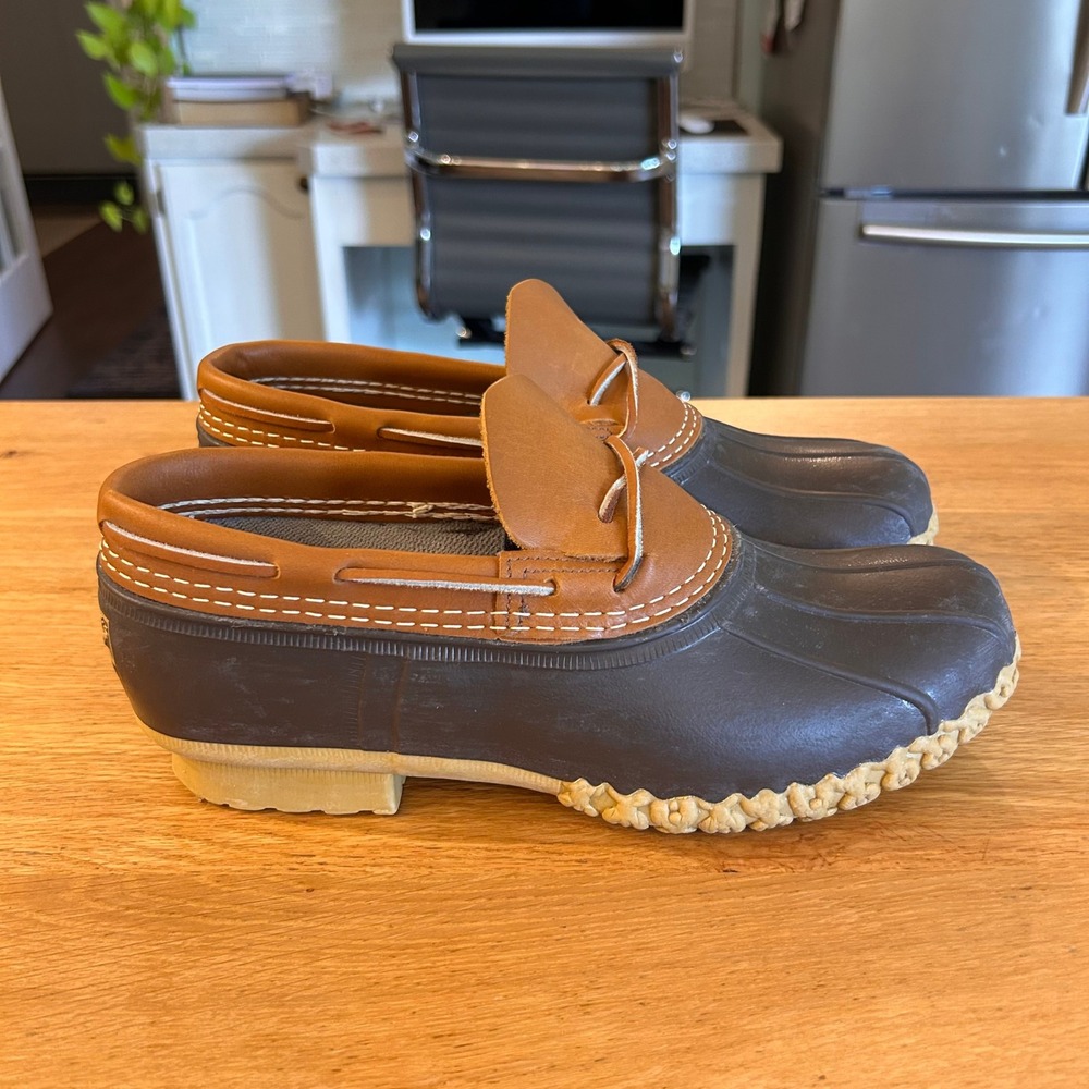 Vtg LL Bean Boots Mens 10 Rubber Moc Duck Shoes Brown Leather Waterproof Low USA